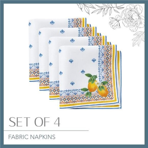 Elrene Lemon Cloth Napkins Set of 4 Mediterranean Floral Table Decor 17x17 - Picture 5 of 7